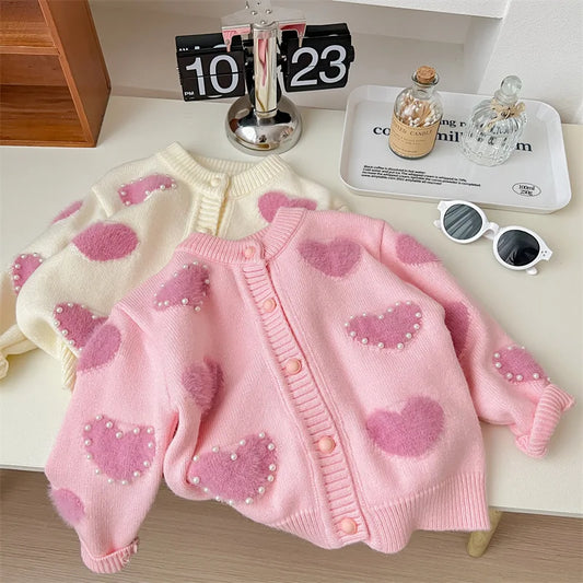 Children's Pink Heart Pearl Color Matching Knitted Cute Casual Sweater Cardigan Girl Spring and Autumn Jacket