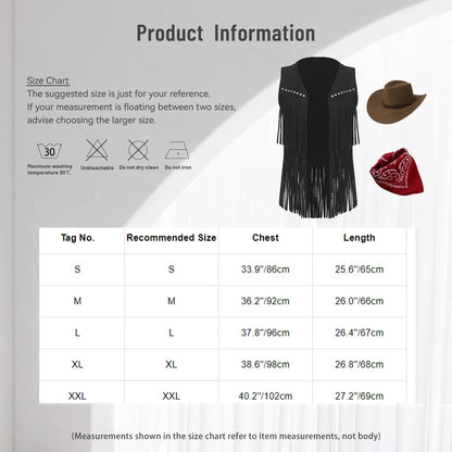 Women Cowboy Vest Halloween Party Western Cowgirl Cosplay Costume Faux Suede Tassel Fashion Rivets Waistcoat with Bandanna Hat
