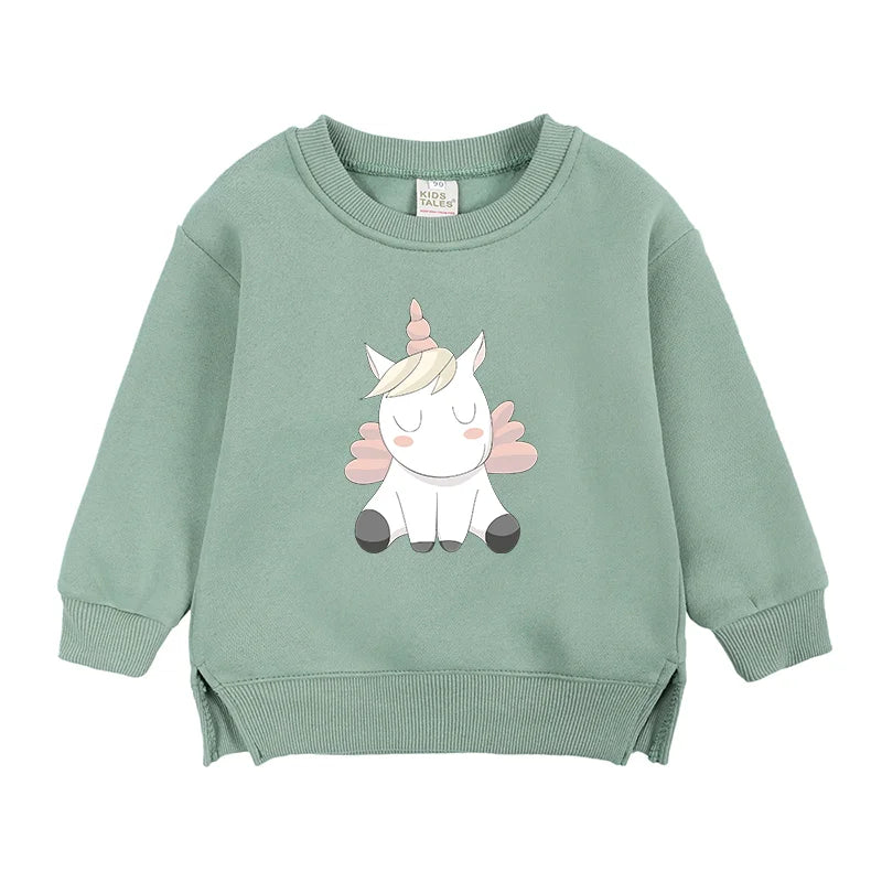 2024 Sweat-shirt polaire Licorne pour enfants, automne, 6 mois-7 ans, col rond, dessin animé, vêtements pour adolescents, garçons et filles, tenues de sport décontractées, costume