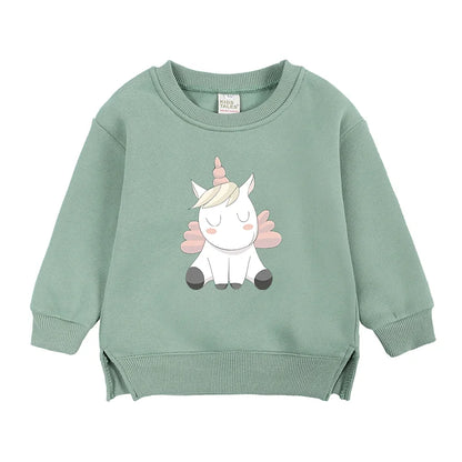 2024 Sweat-shirt polaire Licorne pour enfants, automne, 6 mois-7 ans, col rond, dessin animé, vêtements pour adolescents, garçons et filles, tenues de sport décontractées, costume