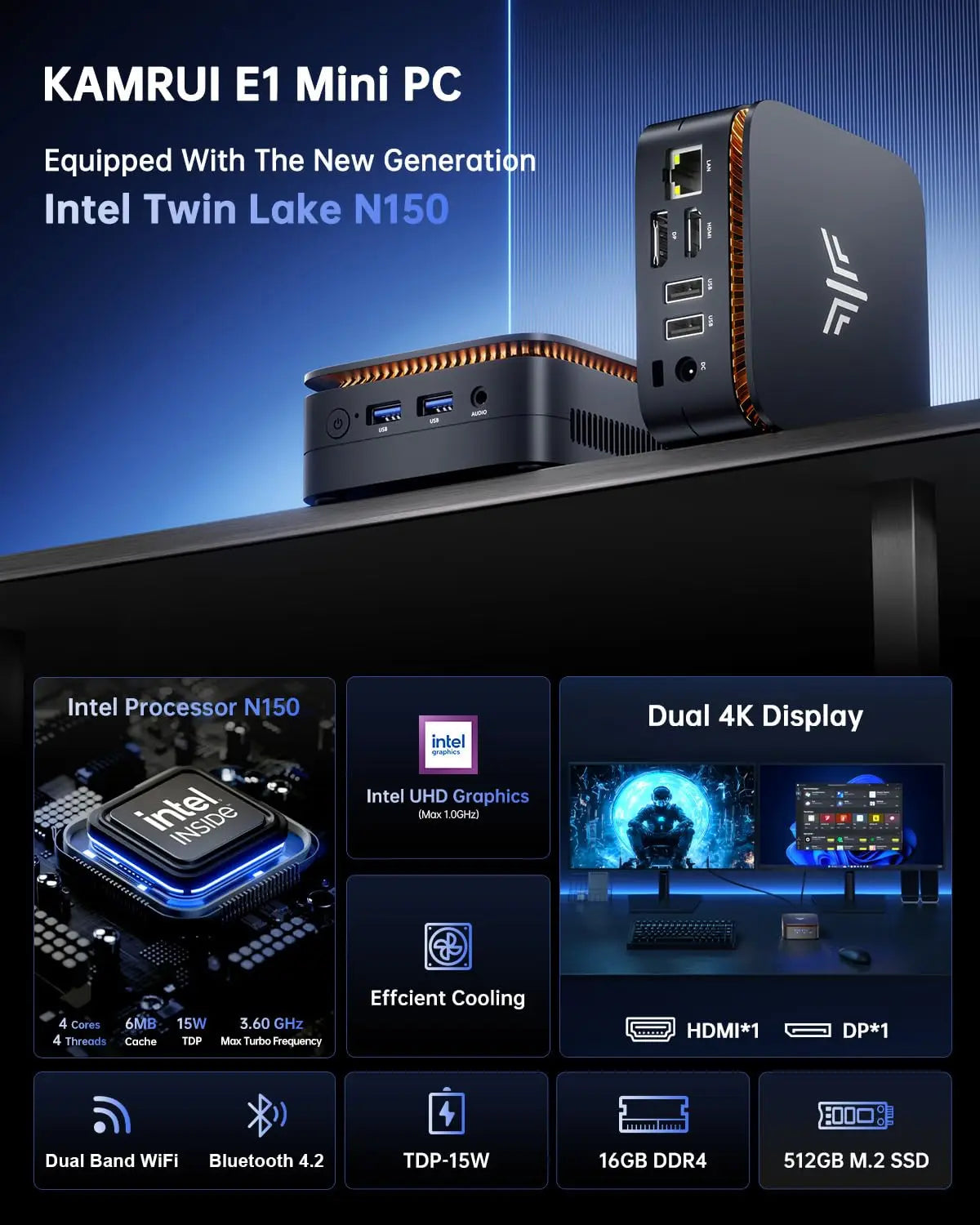 ACEMAGIC E1 N150 16GB DDR4 RAM 512GB SSD WIFI5 BT4.2 4K @ 60Hz UHD Windows 11 Micro Desktop Computer Dual-Band WiFi MINI PC