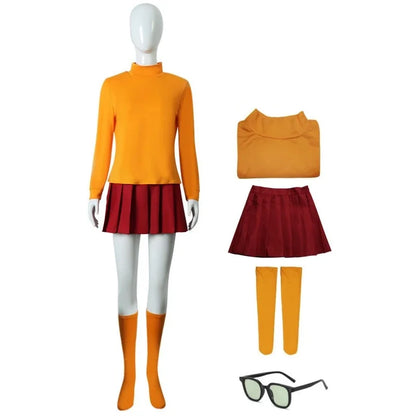 Halloween Velma Cosplay Costume Orange Short Skirt Uniform Women Orange Socks Top Skirt Halloween Party Carnival Set