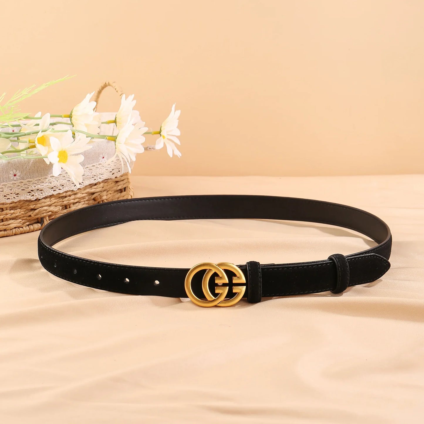 Ceinture en cuir de vache véritable noir pour femmes, boucle Double G, ceinture Slim réglable pour robes en jean et vêtements de bureau