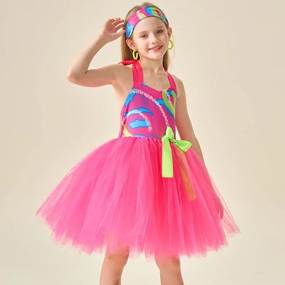 Movie Cowgirl Barbi Costume for Girls Princess Dress Hot Pink Plaid Margot Robbie Tutu Dress Kids Birthday Party Tulle Dresses