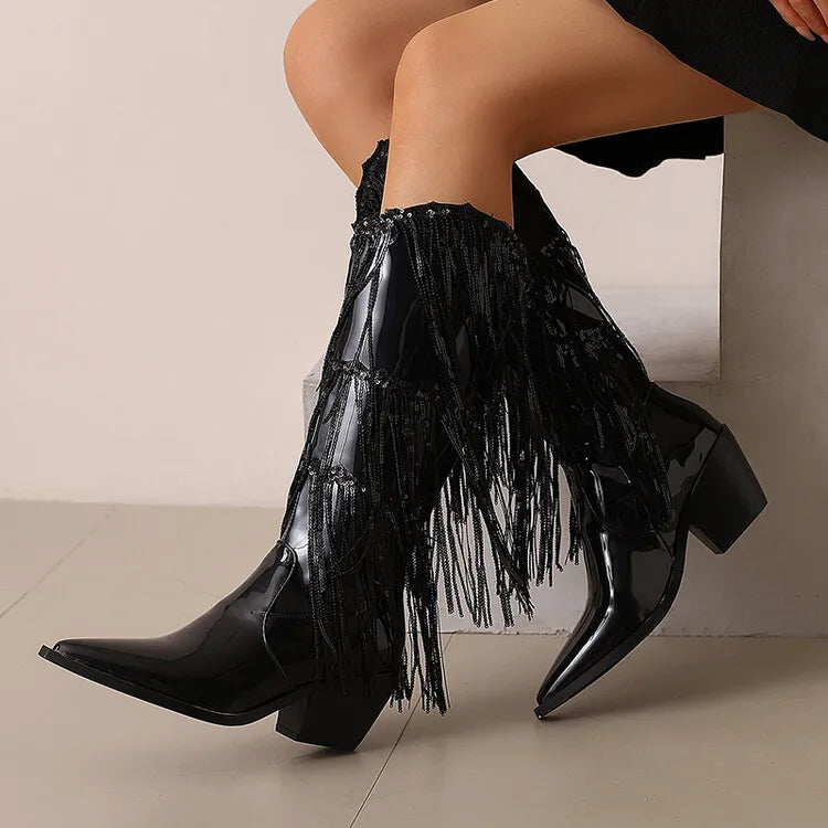 Bottes western à sequins et pompons, noires et argentées, courtes, en peluche, automne/hiver, talon de 6,5 cm, style bohème, hauteur genou, pointures 36 a 46.