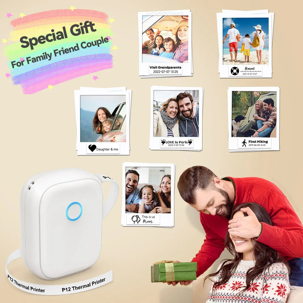 Inkless Label Printer P12 Portable Mini Printer Bluetooth Wireless Thermal Printer Auto Cut Labeling Machine or 5PK Label Rolls