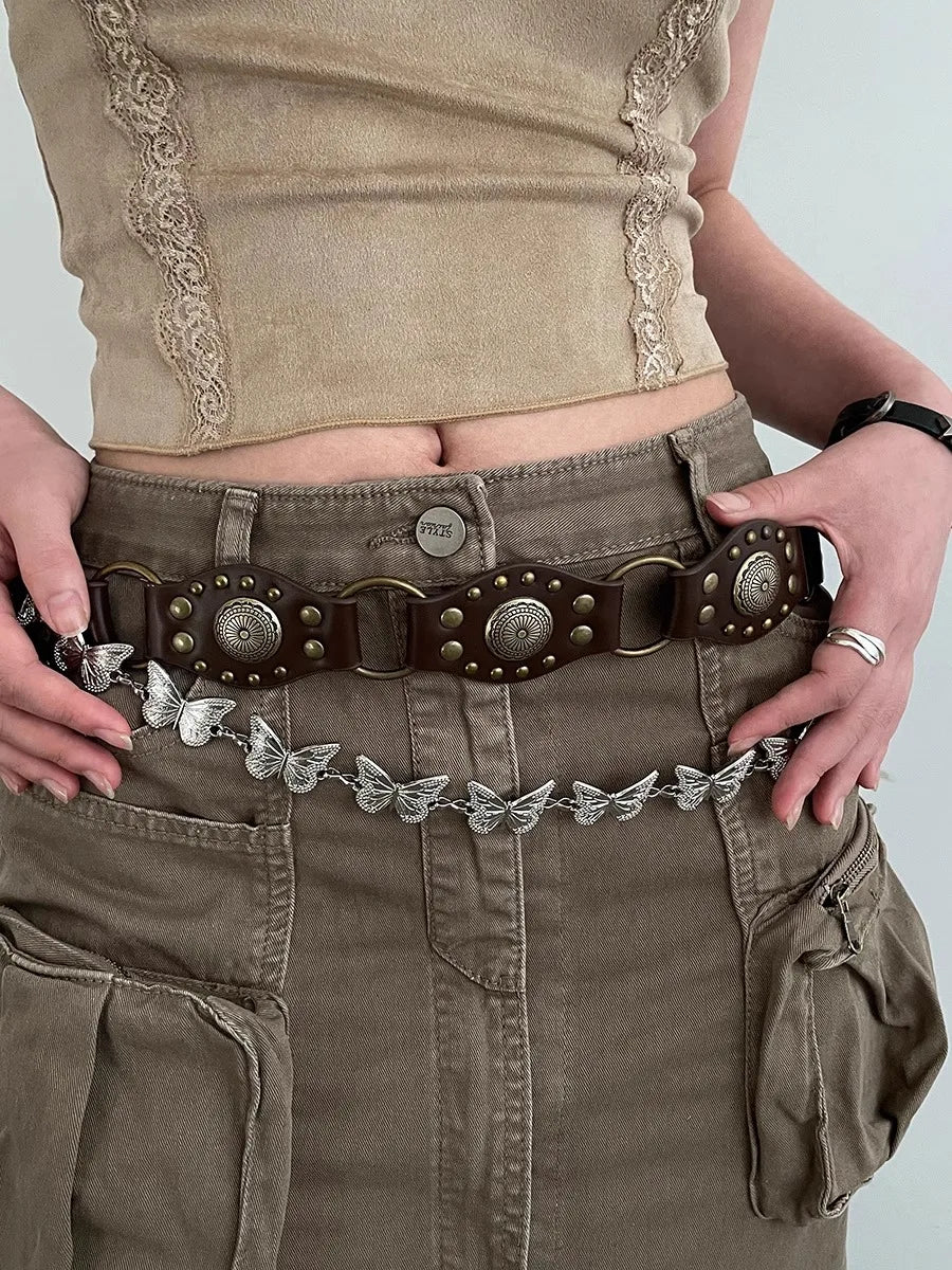 Ceinture de Cowboy occidentale pour femmes, nouvelle ceinture à rivets marron Vintage américain, ceinture en Denim polyvalente avec Style Ins, 2025