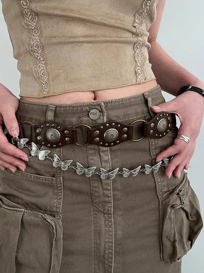 Ceinture de Cowboy occidentale pour femmes, nouvelle ceinture à rivets marron Vintage américain, ceinture en Denim polyvalente avec Style Ins, 2025