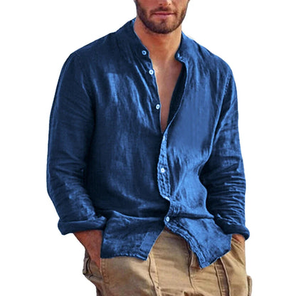 Sweat-shirt à manches longues pour hommes, chemise en lin de couleur unie, tendance, col montant, décontracté, léger, respirant, chemise hawaïenne