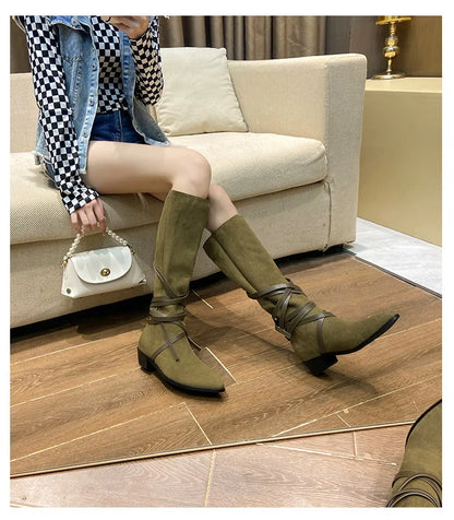 Matte Leather Gothic Western Cowboy Boots Women's Fashion Autumn New Style Pointed Toe Lace-up Retro High Top Flat Heel Boots