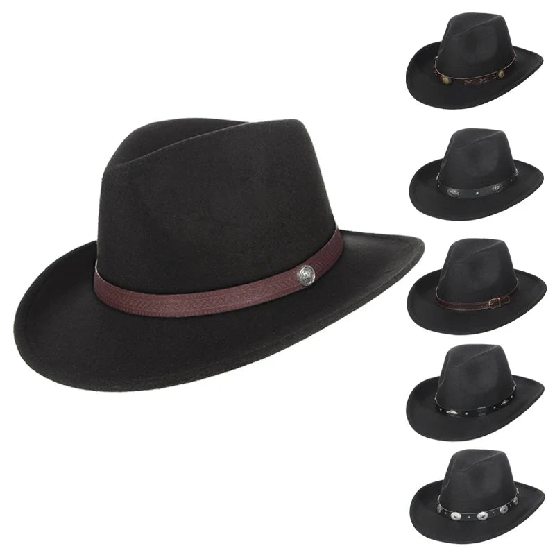 Western Cowboy Hat for Men and Women, Wide Brim Fedora Jazz Hats, Cowgirl Hat with Belt, Autumn and Winter