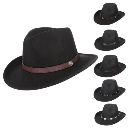 Western Cowboy Hat for Men and Women, Wide Brim Fedora Jazz Hats, Cowgirl Hat with Belt, Autumn and Winter