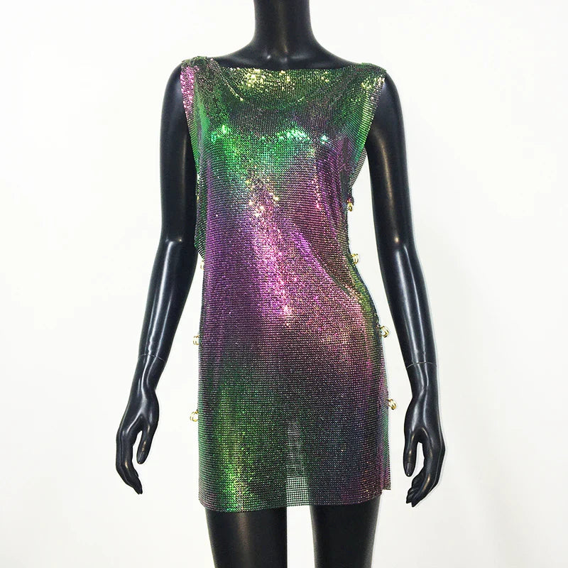Shiny Y2k Metallic Sequins Mini Dresses For Women Sleeveless Backless Sexy Low Cut See Through Sexy Solid Clubwear Party Dress