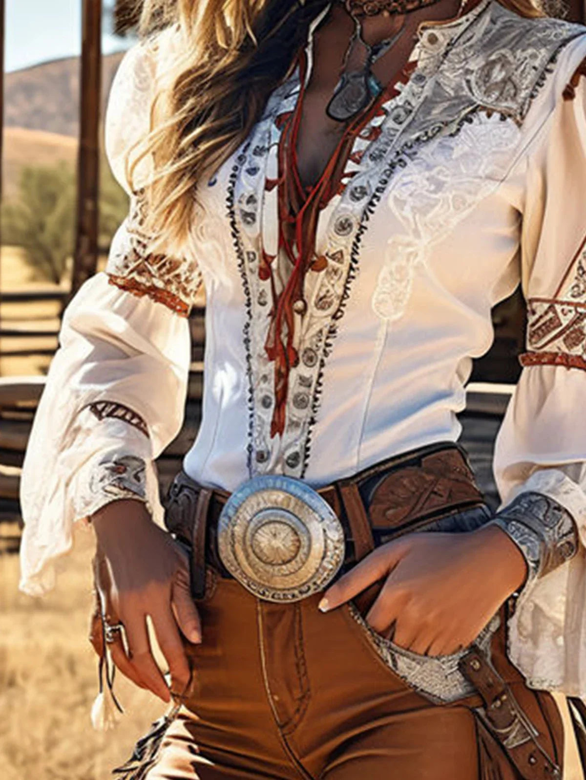 Chemisier Vintage Style Western Femme Top Boho Col Lacé Manches Évasées pour Festival de Musique d'Été Fête Country