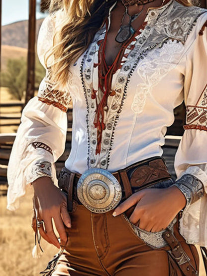 Chemisier Vintage Style Western Femme Top Boho Col Lacé Manches Évasées pour Festival de Musique d'Été Fête Country