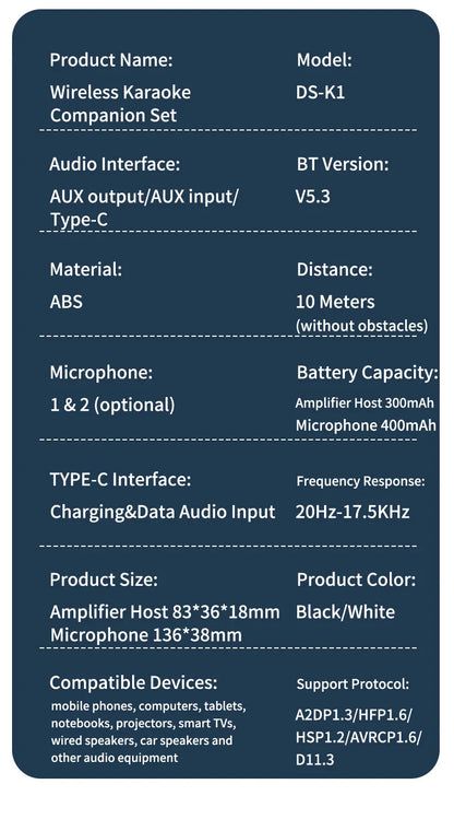 Wireless Karaoke Companion Bluetooth 5.3 Dynamic Microphone KTV DSP Mixer System 3.5MM AUX Type-C Amplifier Host For Speaker Car