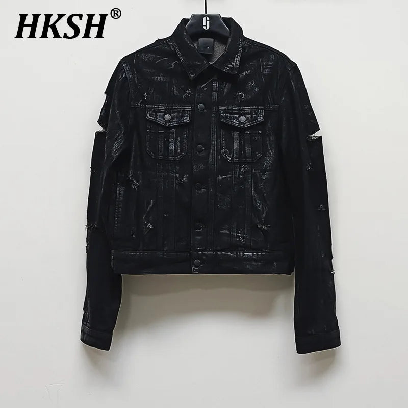 HKSH Spring Autumn New Man Punk Fashion Streetwear Dark Brushed Wax Handmade Damaged Tops Denim Jacket Y2K Chic Ins Coats HK4959