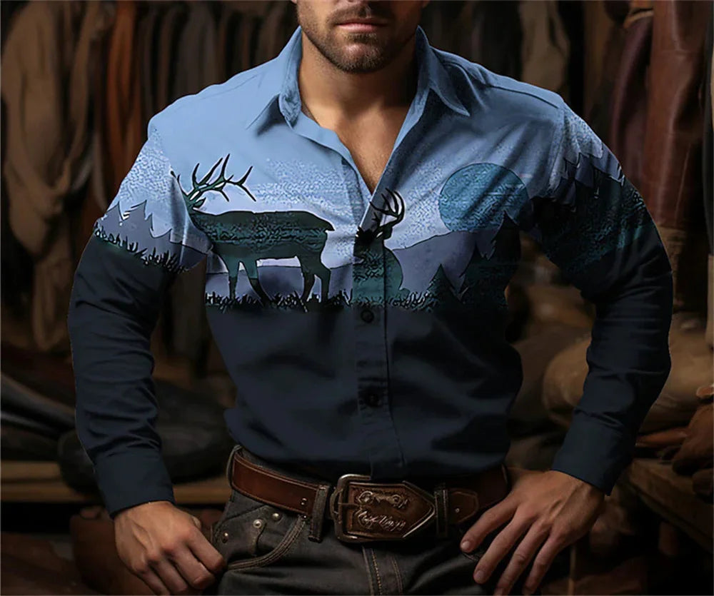Western Cowboy Flower Printed Long Sleeve Shirt for Spring and Summer Comfortable Soft Fabric Party Men's Collar Shirt
