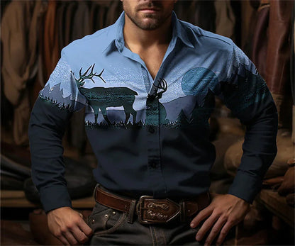 Western Cowboy Flower Printed Long Sleeve Shirt for Spring and Summer Comfortable Soft Fabric Party Men's Collar Shirt