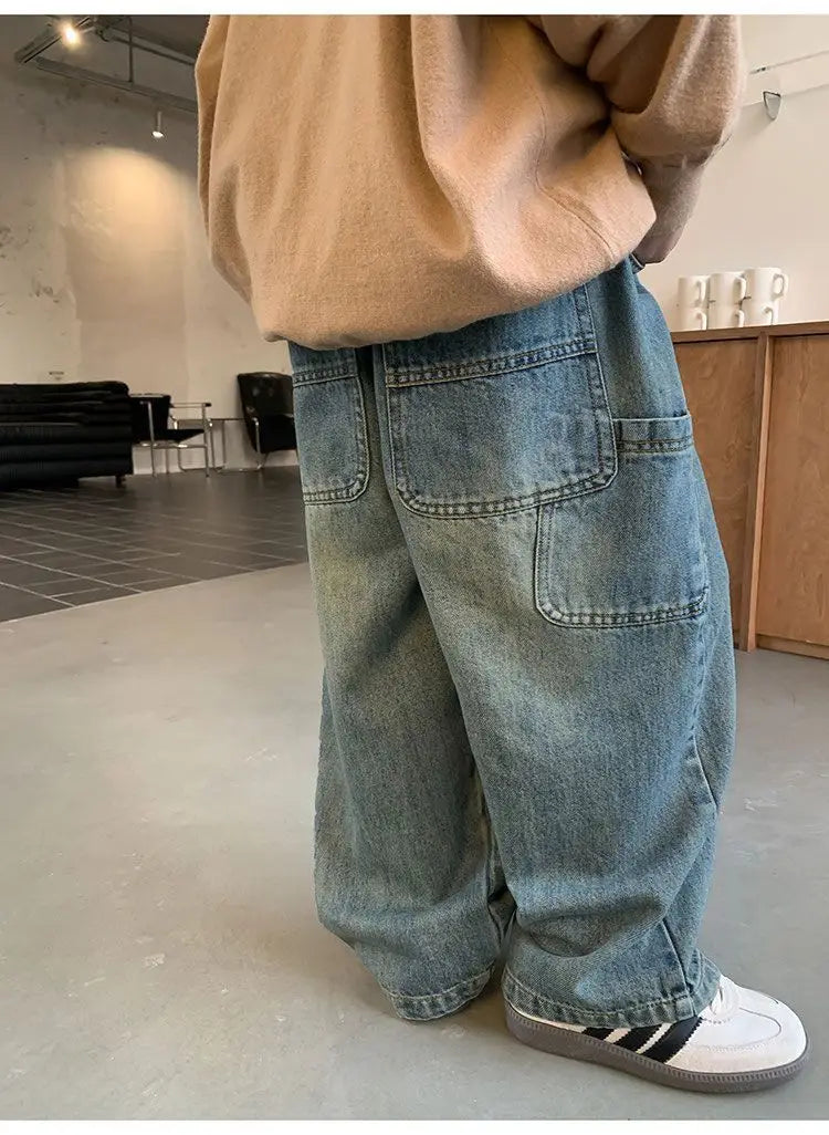 Salopette en jean coréenne pour enfants printemps automne décontractée, pantalon en jean large, jean large pour enfants, pantalon ample streetwear