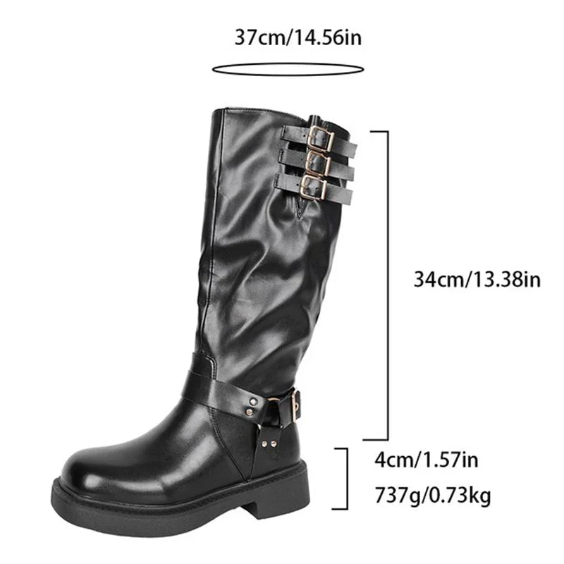 Bottes de cowboy rétro marron pour femmes 2025 Automne Hiver Cuir PU Bottes hautes Botas Mujer Fermeture éclair Boucle Plateforme Bottes de chevalier