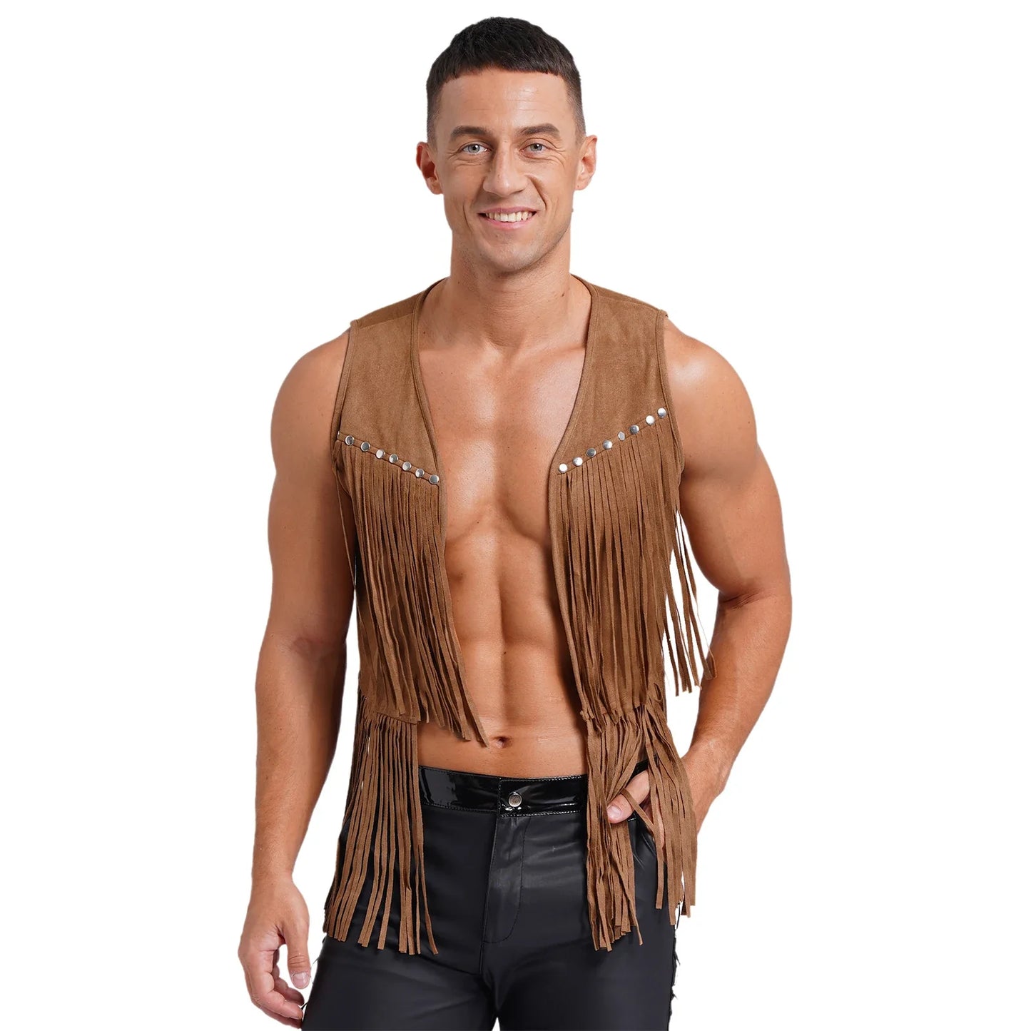 Gilet de cow-boy Western Halloween pour homme, en similicuir suédé, à pampilles et rivets, pour le motocyclisme, les raves, les fêtes et les boîtes de nuit