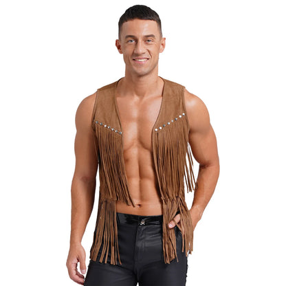 Gilet de cow-boy Western Halloween pour homme, en similicuir suédé, à pampilles et rivets, pour le motocyclisme, les raves, les fêtes et les boîtes de nuit
