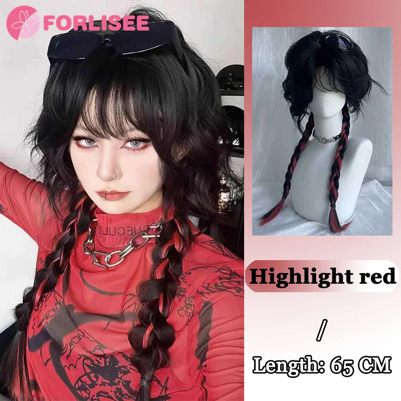 Pink Blonde Highlights Long Wavy Wig Synthetic Colorful Lolita Cosplay Hair Wigs with Bangs for Women Heat Resistant Daily Use