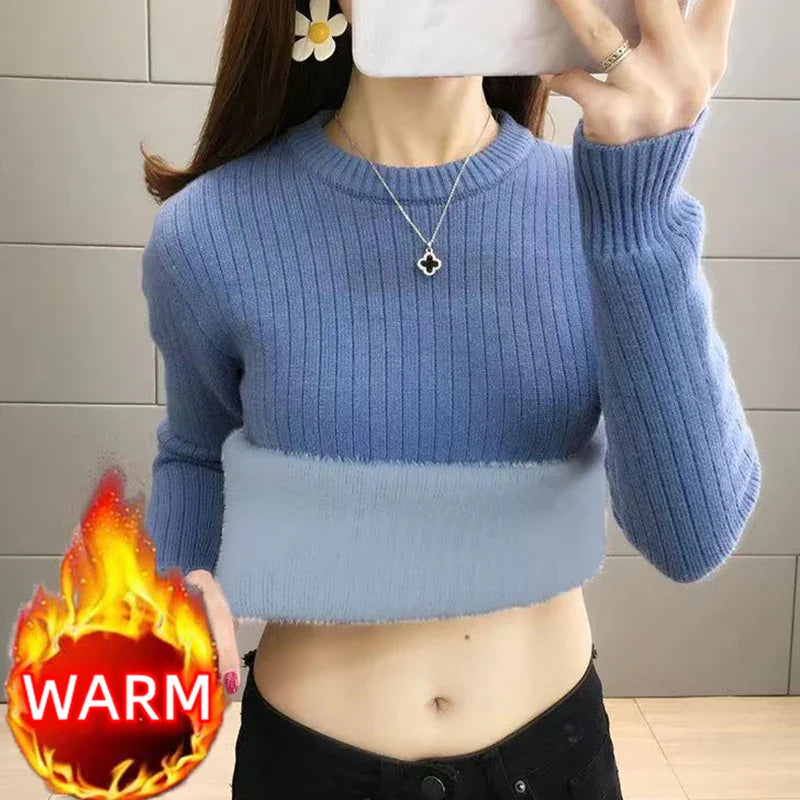 Turtleneck Winter Sweater Women Elegant Thicken Velvet Lined Warm Sueter Fleece Knitted Pullover Slim Top Jersey Knitwear Jumper