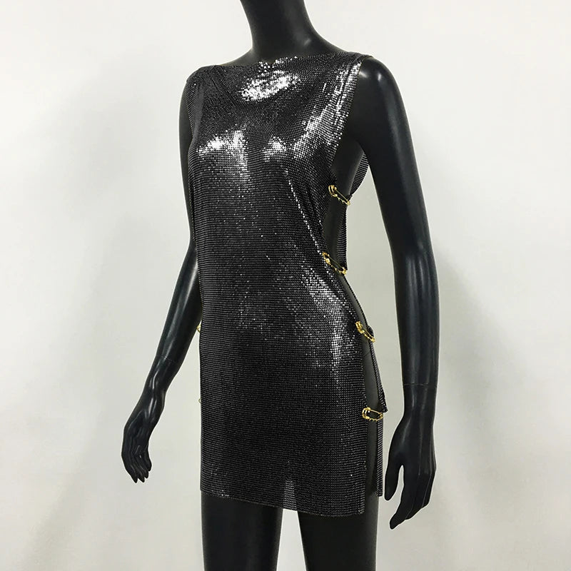 Shiny Y2k Metallic Sequins Mini Dresses For Women Sleeveless Backless Sexy Low Cut See Through Sexy Solid Clubwear Party Dress