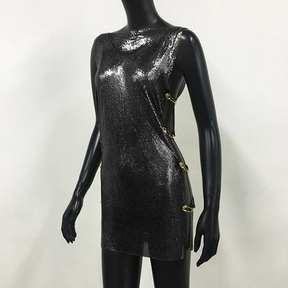 Shiny Y2k Metallic Sequins Mini Dresses For Women Sleeveless Backless Sexy Low Cut See Through Sexy Solid Clubwear Party Dress
