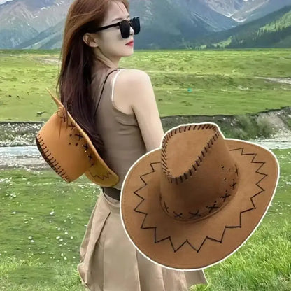 Unisex Western Suede Cowboy Hat, Fashion Cowgirl Cap for Women and Men, Fancy Dress, Party Headwear Accessory