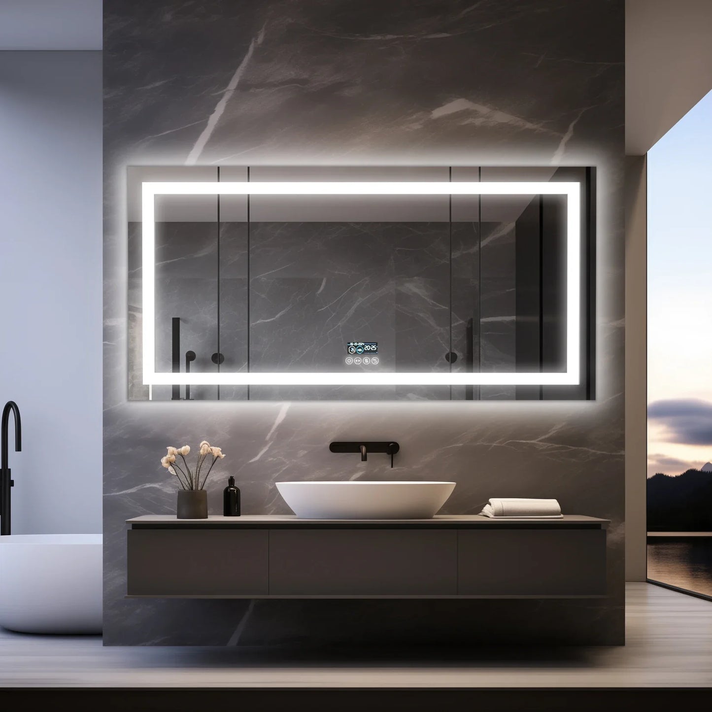 Fissuraminants pour miroir de maquillage LED, miroir de courtoisie avec lumières, miroir de maquillage à intensité variable, affichage numérique Bluetooth intelligent, mémoire de 3 couleurs