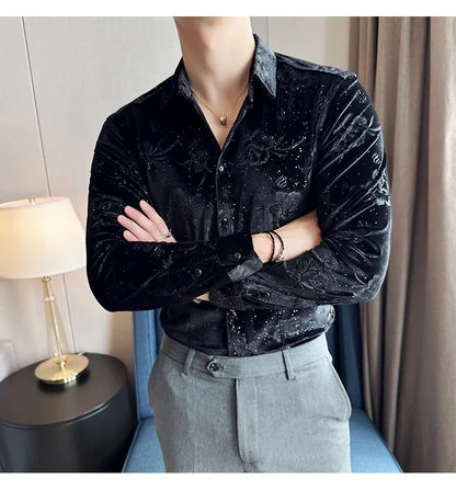Men's Long Sleeve Velvet Flower Shirt New Luxury Printed Business Casual  Dress Shirts Formal Social Party Turn Down Collar Tops