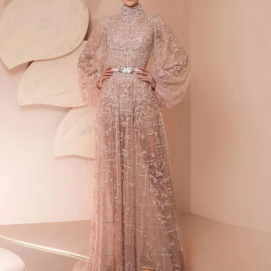FATAPAESE Customized GlitterNude Bridesmaid Dress Puff Sleeve Fully Beaded Sequins Stones A-line Gown Wedding Engagement Dress