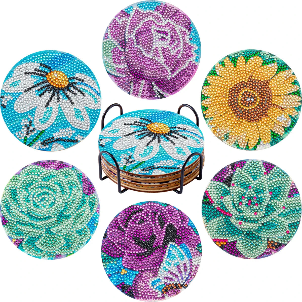 6Pcs DIY Diamond Painting Coasters Mandala Flowers 5D Full Drill Diamond Art Non Slip Coasters with Holder Ideal Christmas Gift