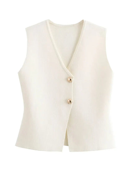 Zevity New Women Fashion V Neck Sleeveless Golden Buttons Knitted Vest Sweater Female Chic Solid Color Slim Cardigan Tops LS6273