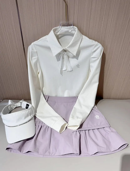 PL Golf Women New Autumn Top Puff Long Sleeve Polo Shirts Elegant Korean Style T-shirts Lady Pleated Golf Cargo Skirt with Short