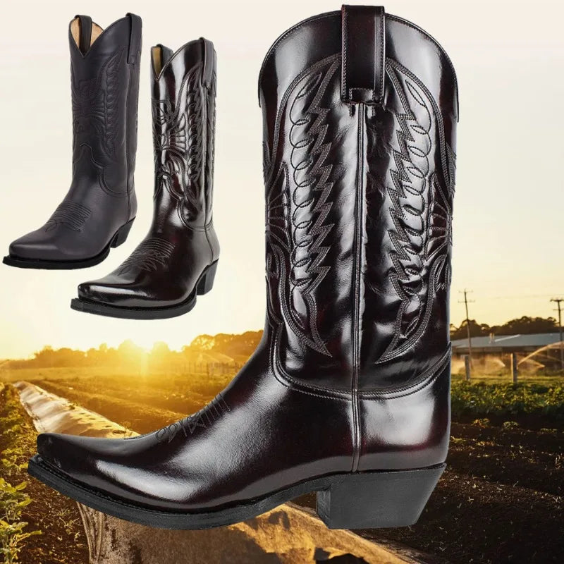 Men's Western Cowboy Boots Fashion Black Comfortable Embroidered Boots Men Couple Shoes for Men Women Motorcycle Boots Plus Size