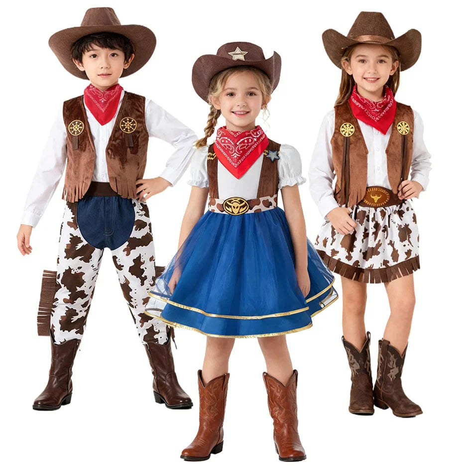 Robe de Cowgirl pour enfants, ensemble complet, Costume de Cowboy occidental, ensemble de 4 pièces, tenue de jeu de noël, vêtements d'halloween pour enfants