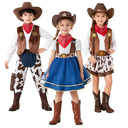 Robe de Cowgirl pour enfants, ensemble complet, Costume de Cowboy occidental, ensemble de 4 pièces, tenue de jeu de noël, vêtements d'halloween pour enfants