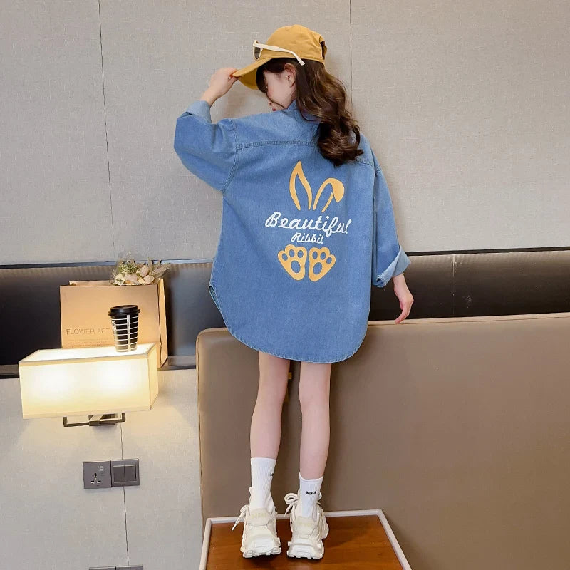 Chemisiers en Denim de Cowgirl de haute couture avec imprimé de lapin pour adolescente, chemise en Denim ample et décontractée à manches longues pour enfants