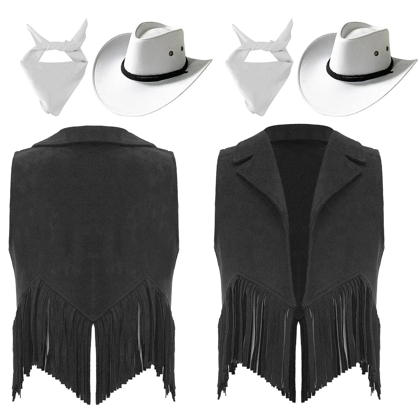 Costume de cosplay pour filles, cow-girl western, gilet en daim rétro à franges, ouvert sur le devant, avec bandana, foulard et chapeau pour Halloween et le carnaval