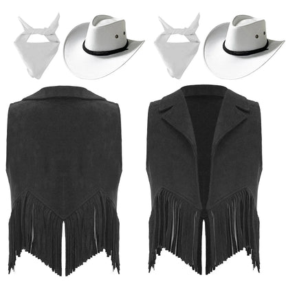 Girls Western Cowboy Cowgirl Cosplay Costume Open Front Retro Suede Tassels Vest with Bandana Scarf Hat for Halloween Carnival