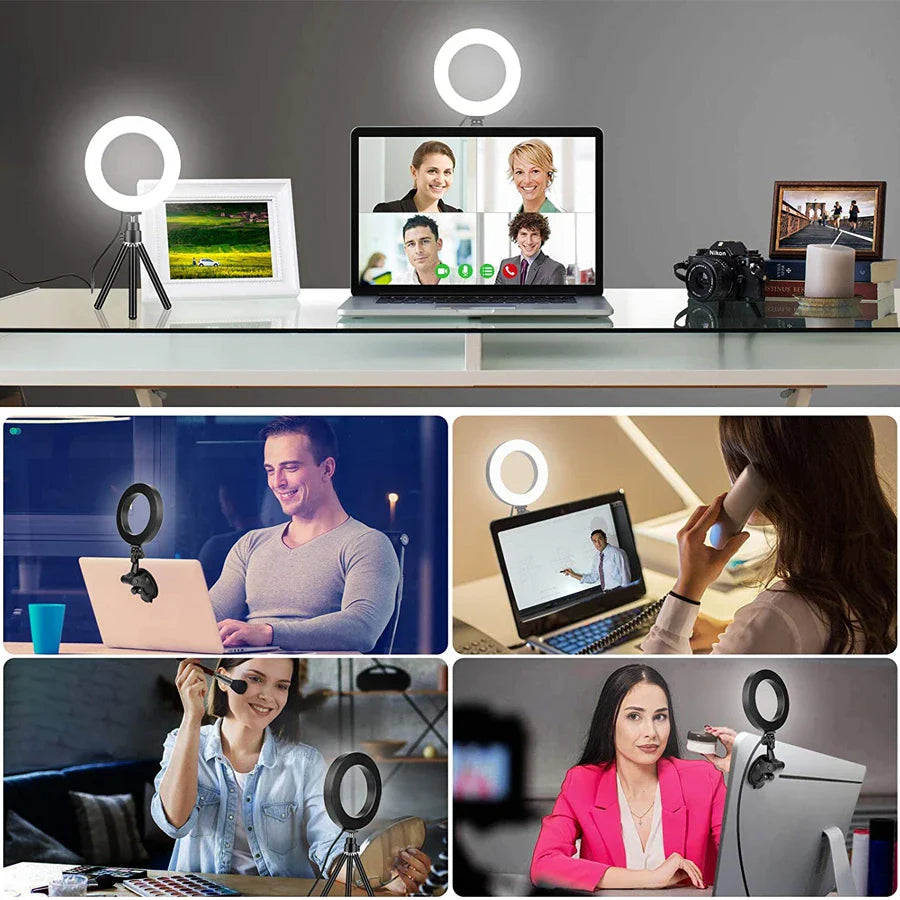 Anneau lumineux LED avec trépied et ventouse pour selfie, 16cm, prise USB portable, éclairage pour ordinateur portable, vidéoconférence, maquillage