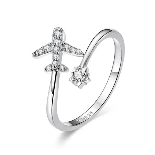 925 Sterling Silver CZ Flying Plane Open Ring