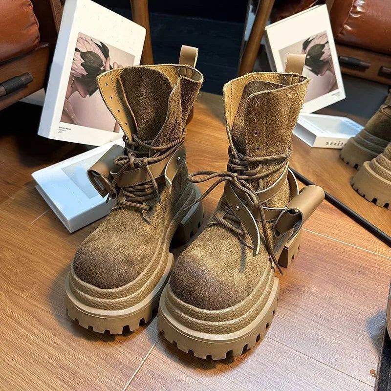 Bottes de Cowboy à grande tête en détresse, mode rétro, bottes de chevalier montantes de Style moto haut de gamme, bottes à semelles épaisses pour filles et femmes
