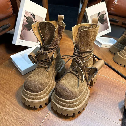 Bottes de Cowboy à grande tête en détresse, mode rétro, bottes de chevalier montantes de Style moto haut de gamme, bottes à semelles épaisses pour filles et femmes
