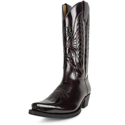 Men's Western Cowboy Boots Embroidered High Boots Retro Pointed Toe Platform Leather Shoes Slip on Plus Size Men Mid-calf Boots