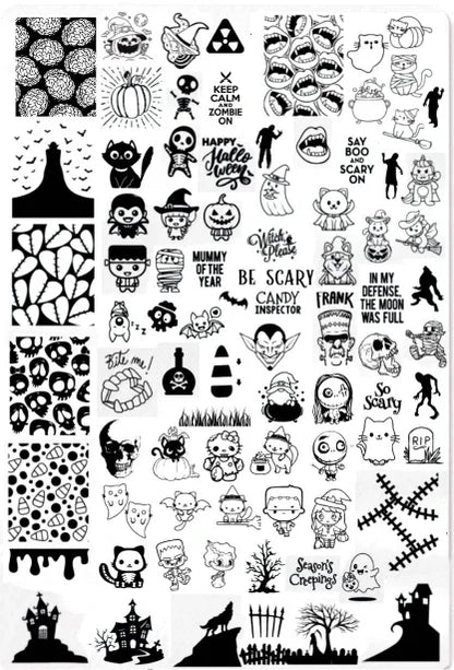 Plaques d'estampage d'ongles Halloween de dessins animés Crâne Personnages Animaux Gabarits Pochoirs Plaque d'estampage Nail Art Outil d'impression d'ongles Manucure